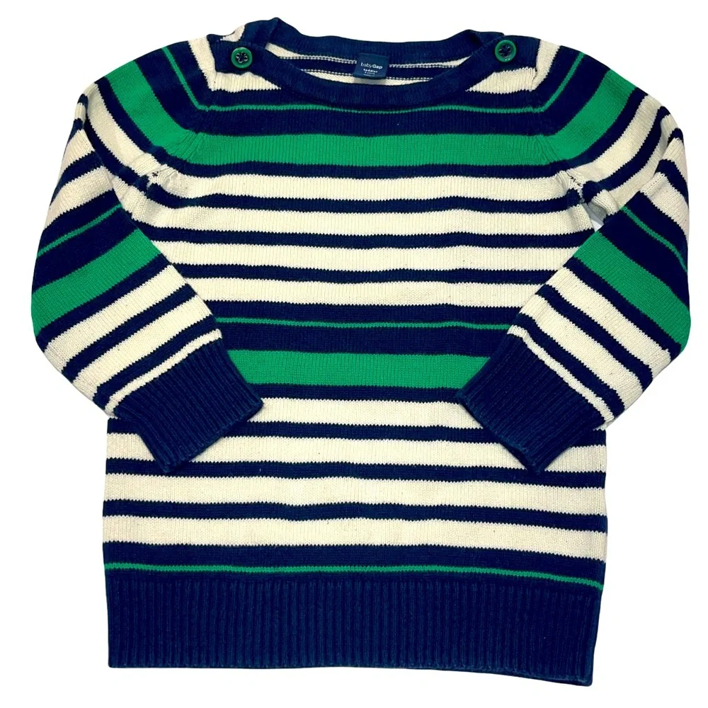 Baby Gap Girl Navy Green‎ Cream Striped Sweater Button Accents On Shoulder Sz 2T